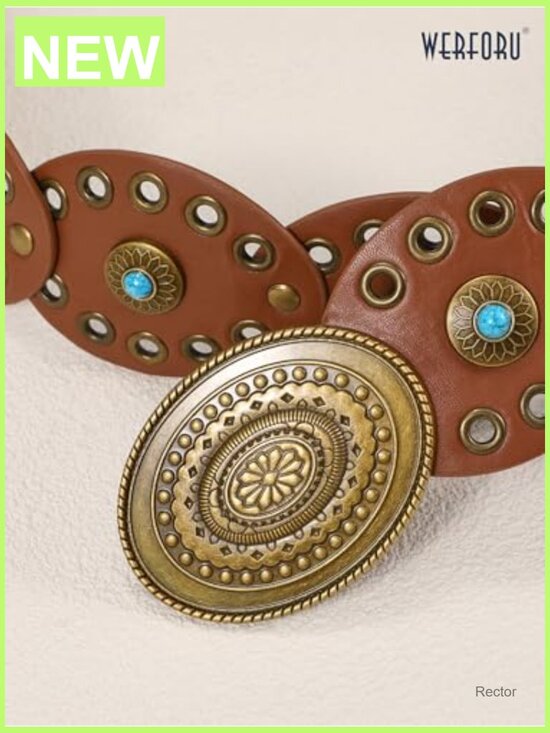 Western Belt with Turquoise Accents - Wide Disc Leather Belt main image 4